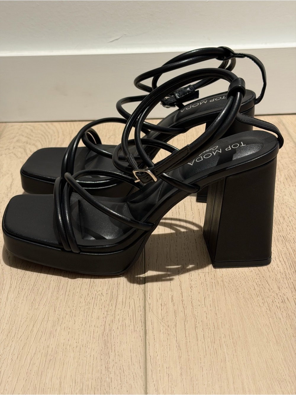 TOP Moda Black Strappy Platform Block Heel Sandals with Ankle Wrap